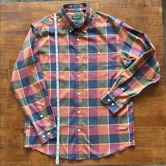 Orvis men’s casual button-down orange blue plaid wrinkle free size L - Picture 2 of 10